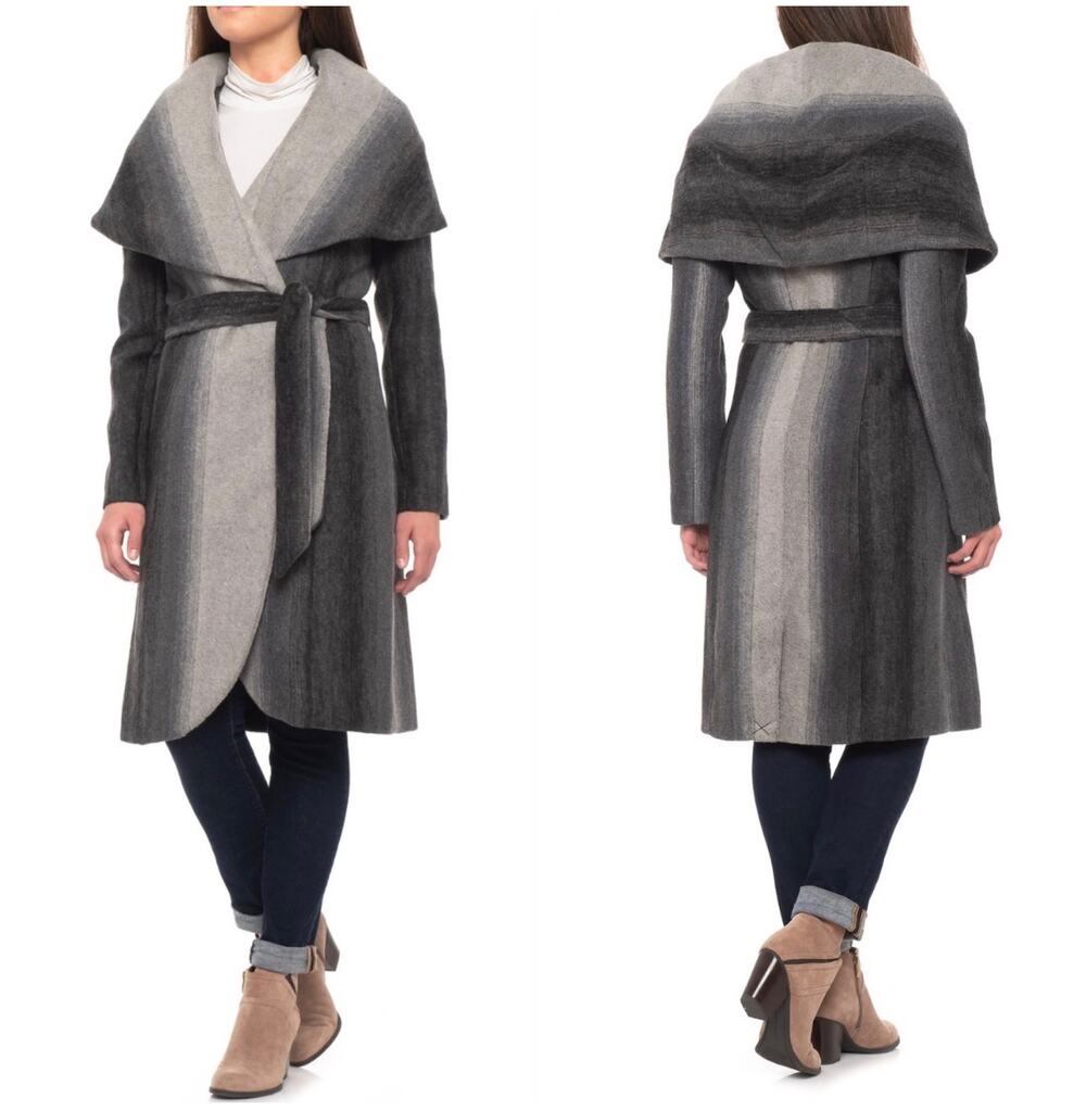 ZAC Zac Posen Alisha Wool Blend Belted Shawl Wrap Coat Hood Gray Ombre 8